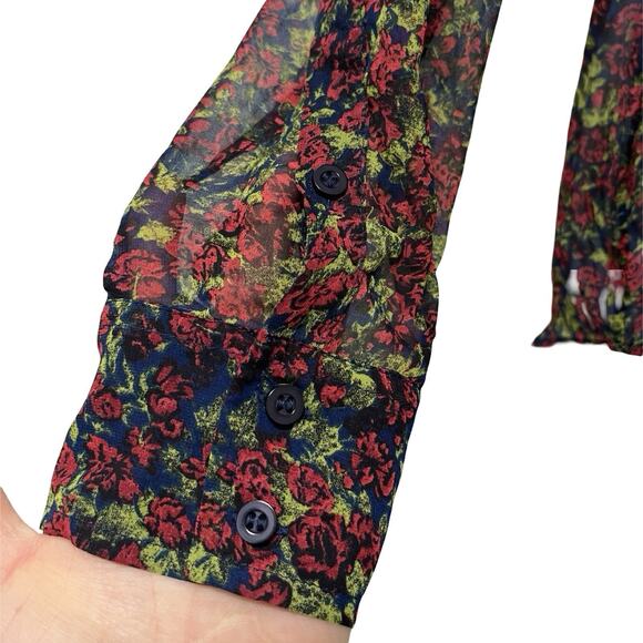 Free People Womens Easy Rider Floral Sheer Button Up Blouse Size M Navy Romantic - Picture 5 of 8